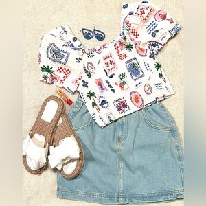 Monteau Los Angeles Smocked Puff Sleeve Crop Top Patchwork Print Boho Coastal